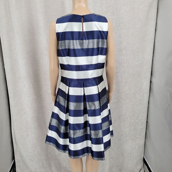 Eliza J Striped Crepe Fit & Flare Party Dress  Navy White Metallic Silver Pocket - Picture 8 of 13